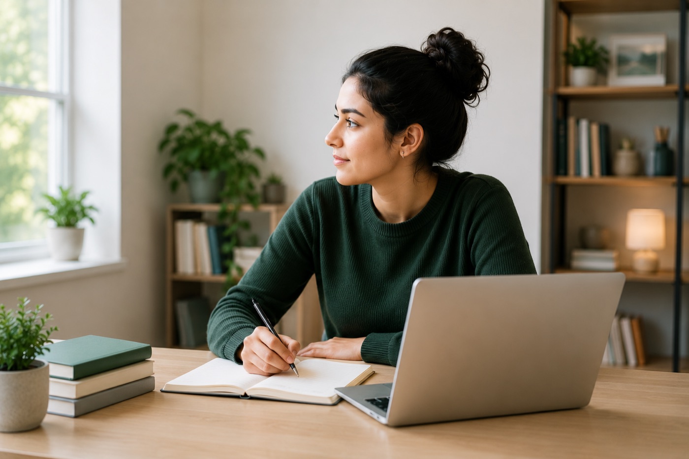 A learner sitting at a desk with a notebook and laptop, looking up thoughtfully